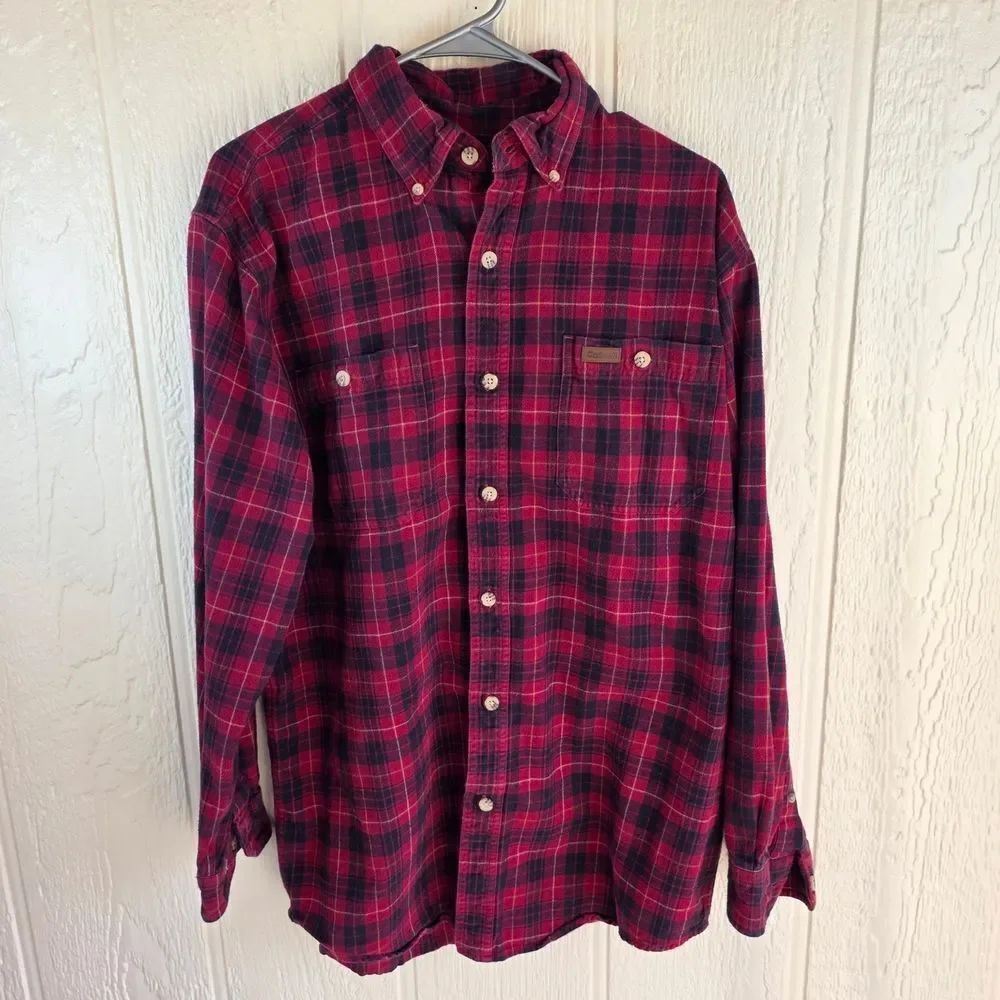 Carhartt Men’s Red and Black Plaid Button-Down Shirt, Size Medium